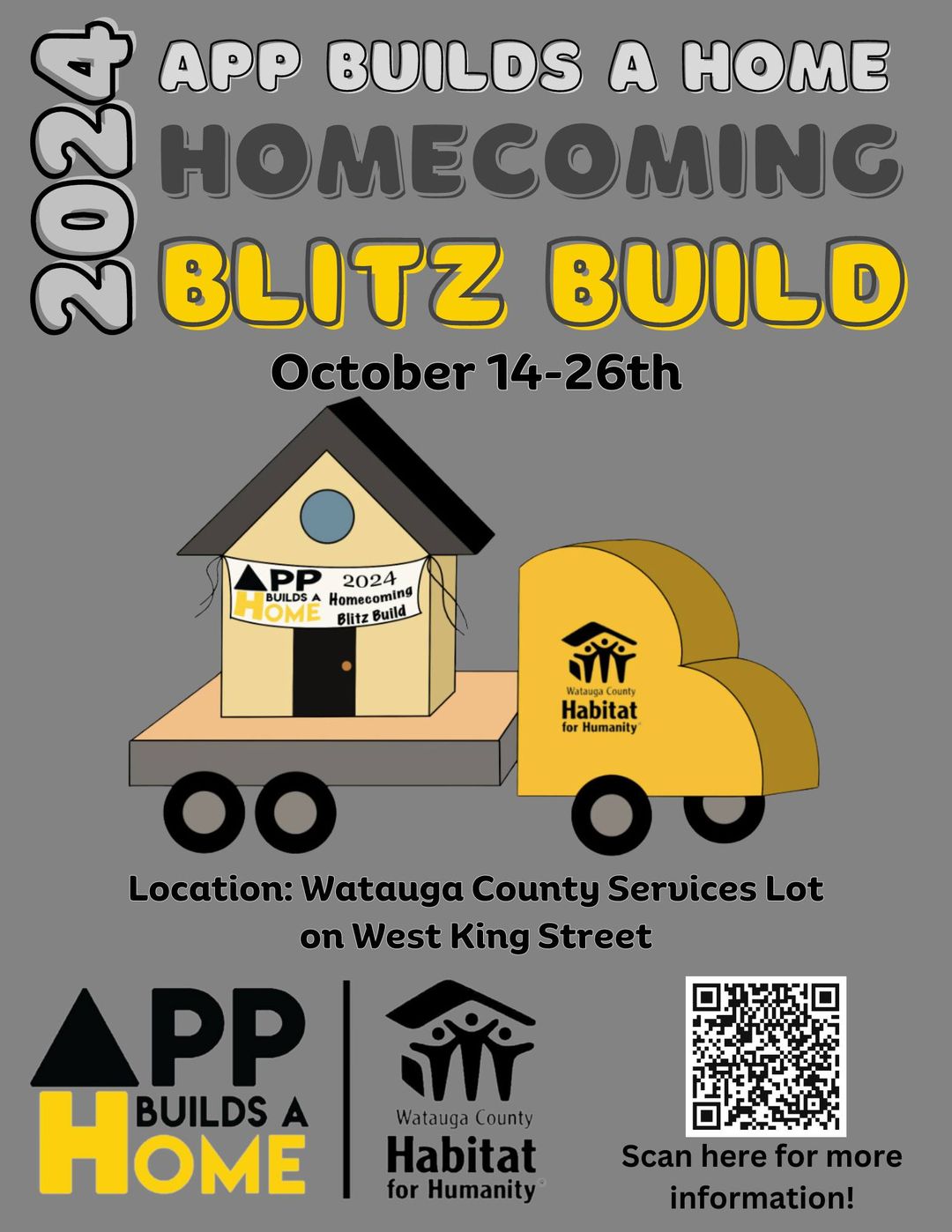 Homecoming Blitz flyer text reads App Builds a Home Homecoming Blitz Build October 14-26th Location: Watauga County Services Lot on West King Street